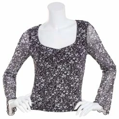 Hot Sale 🎁 Almost-Famous Clothing Juniors Almost Famous™ Floral Mesh Bell Sleeve Picot Trim Blouse 🌟