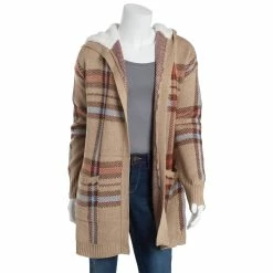 Best Sale 💯 Almost-Famous Clothing Juniors Almost Famous™ Plaid Sherpa Lined Hood Cardigan-Sesame 🎉