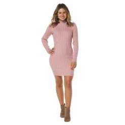 Hot Sale ⌛ Almost-Famous Clothing Juniors Almost Famous™ Cable Rib Mock Neck Mini Sweater 👗 Dress ❤️